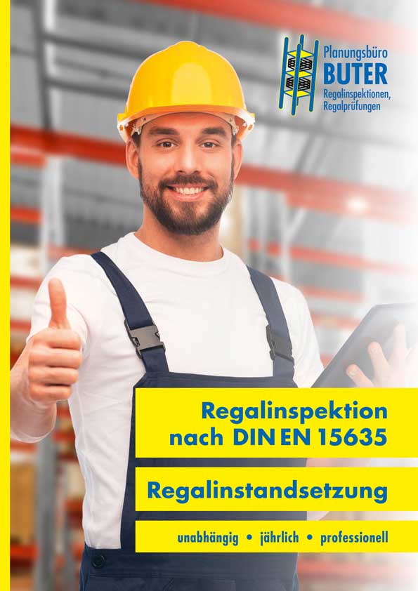 Titelseite vom Flyer „Regalinspektion, Regalprüfung und Regalinstandsetzung“ von Planungsbüro Buter